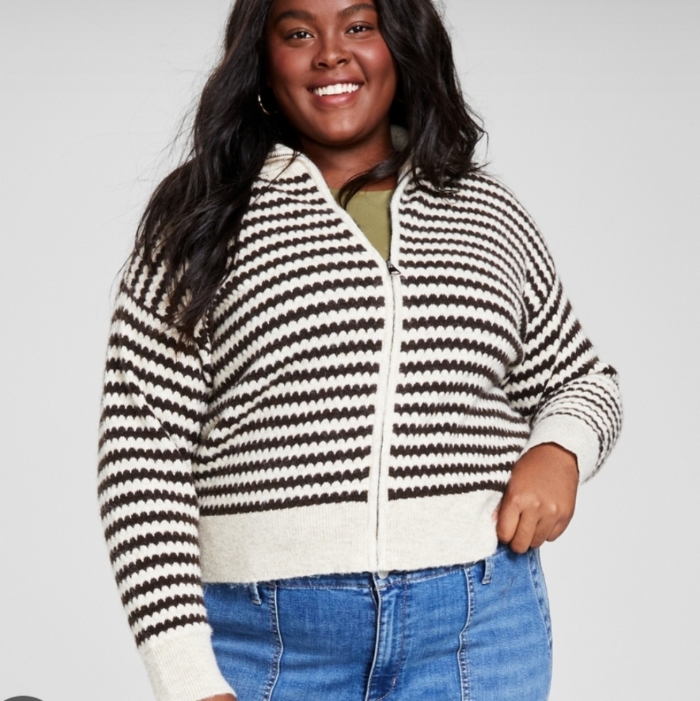 Women's Mock Necked Collar Zippered Sweater - Black & White - And Now This - 1X